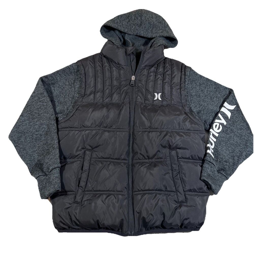 Hurley Black Hybrid Winter Puffer Jacket Hoodie Insulated Boys Mediun 10-12